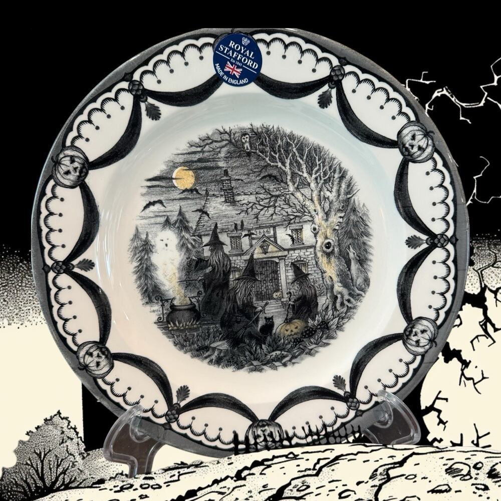 Halloween Plates X 8 Royal Stafford Coven Wicked Witches Spell Cat Dinner Size